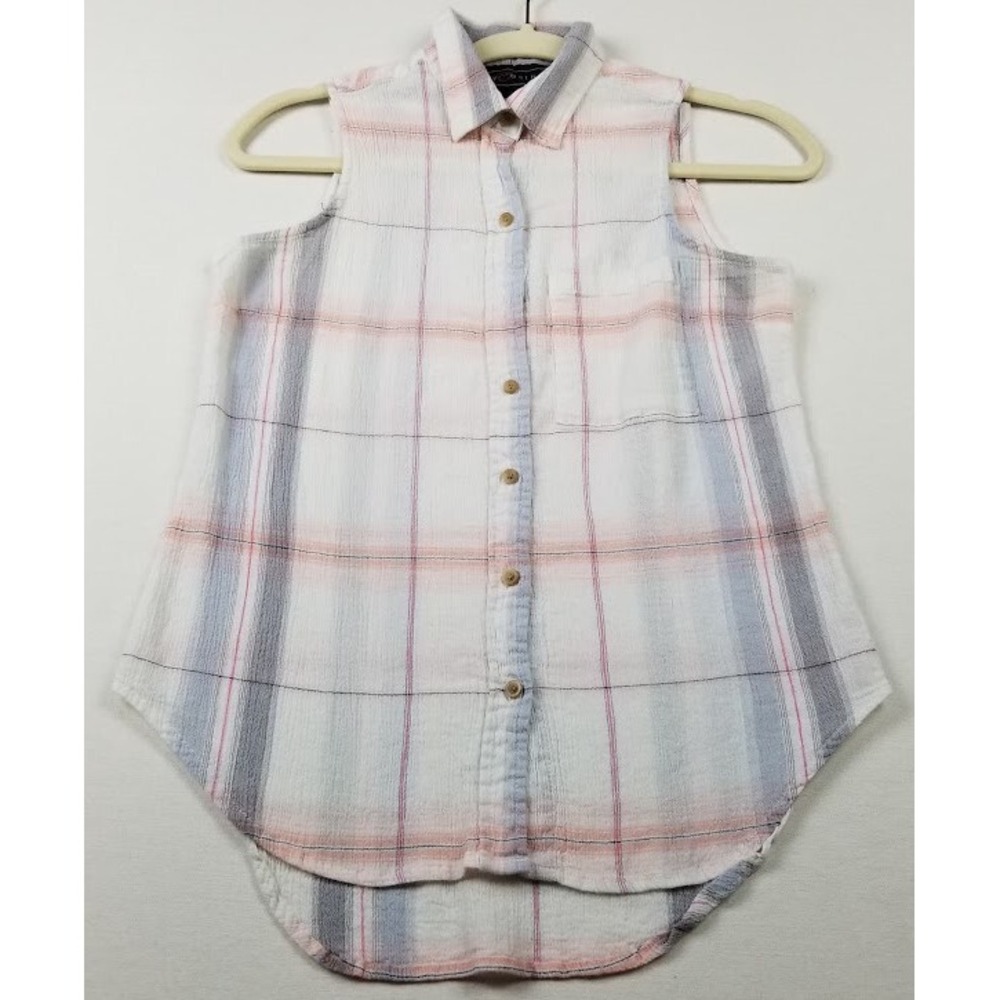 Polly & Esther Button Up Shirt Women's Medium Multicolor Plaid Sleeveless Gauze